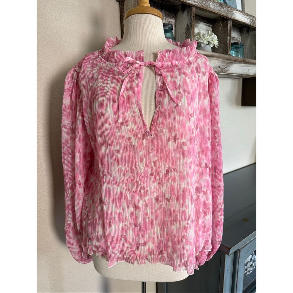 NWOT Ganni Womens Watercolor Floral Ruffle Georgette Blouse Pink Sz 42 Spring
